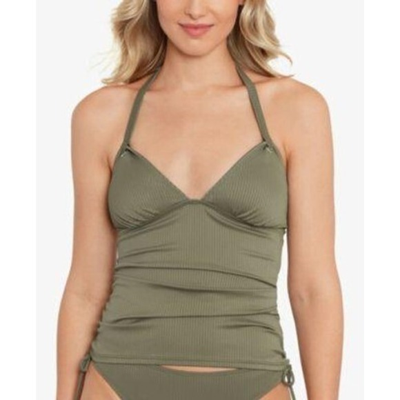 Salt‎ + Cove Tankini Top Olive Green Halter Tank Ribbed Drawstring Sides Size L - Picture 2 of 6